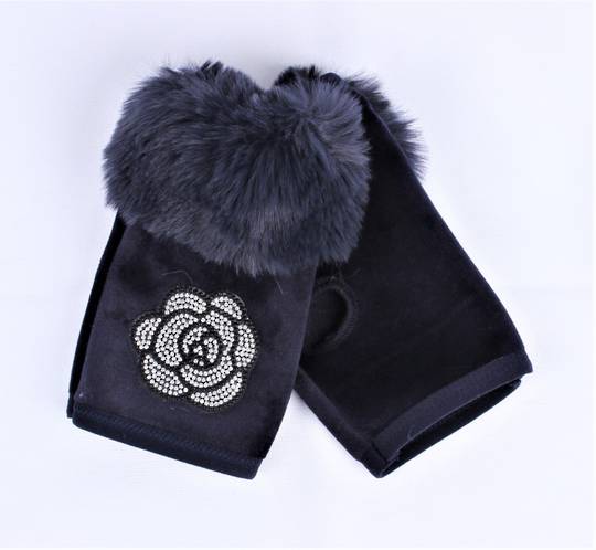 Winter ladies glove w diamante rose and faux fur cuff fingerless navy Style; S/LK4860